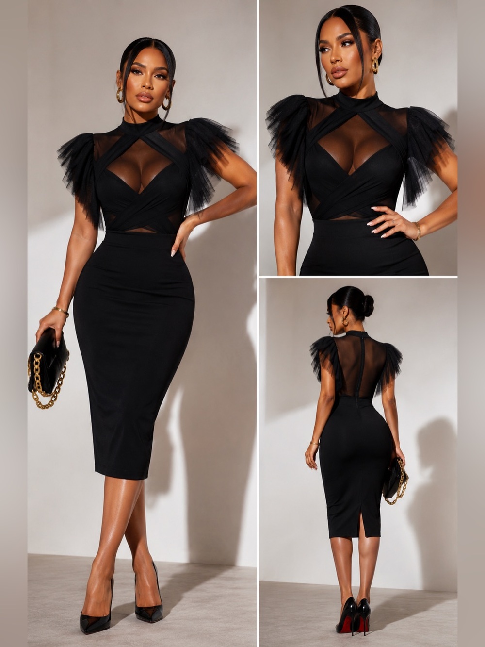 Fashion Nova I Invented Class Black Tulle Mesh Bodycon Midi Dress M NWOT